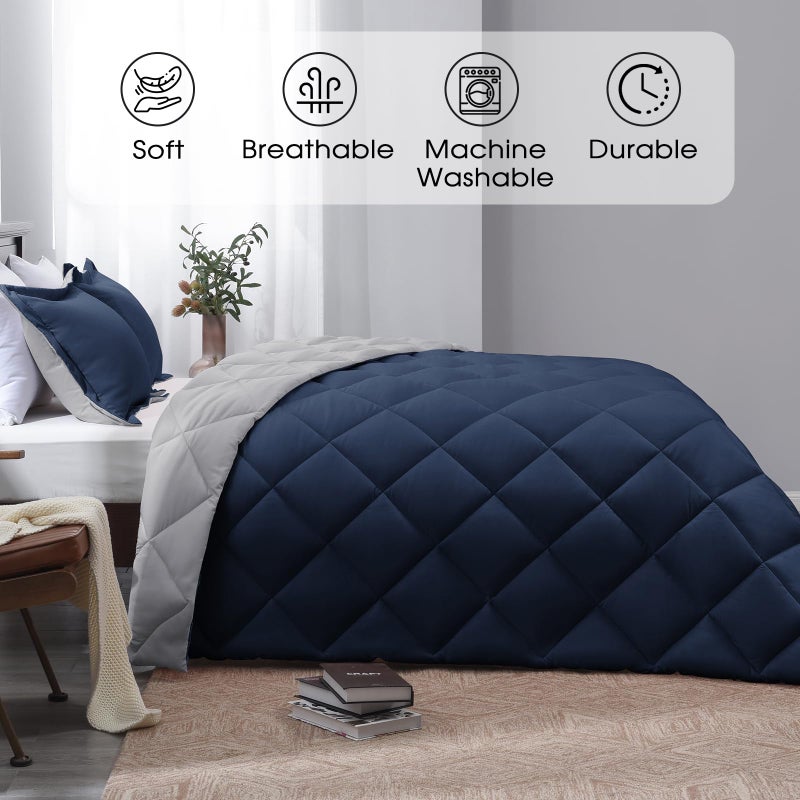 Basic Beyond Queen Comforter Set - Navy Blue Comforter Set Queen Size, Reversible Bed Comforter Queen Set for All Seasons, Navy/Grey, 1 Comforter (88"x92") and 2 Pillow Shams (20"x26"+2") - Image 2